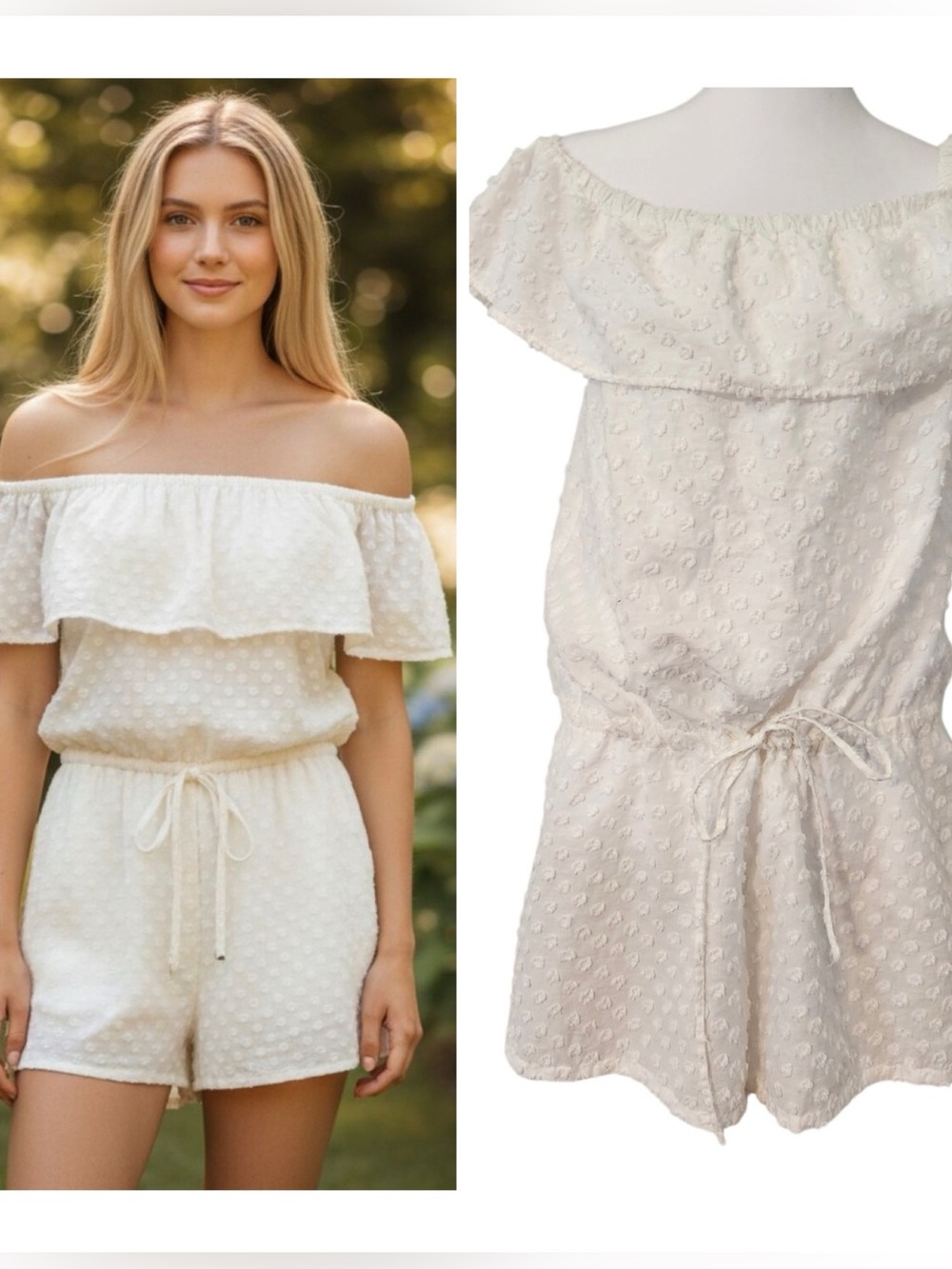 Madewell Size Large White Eyelet Dotted Texture Romper Tie Waist Fairy Beach